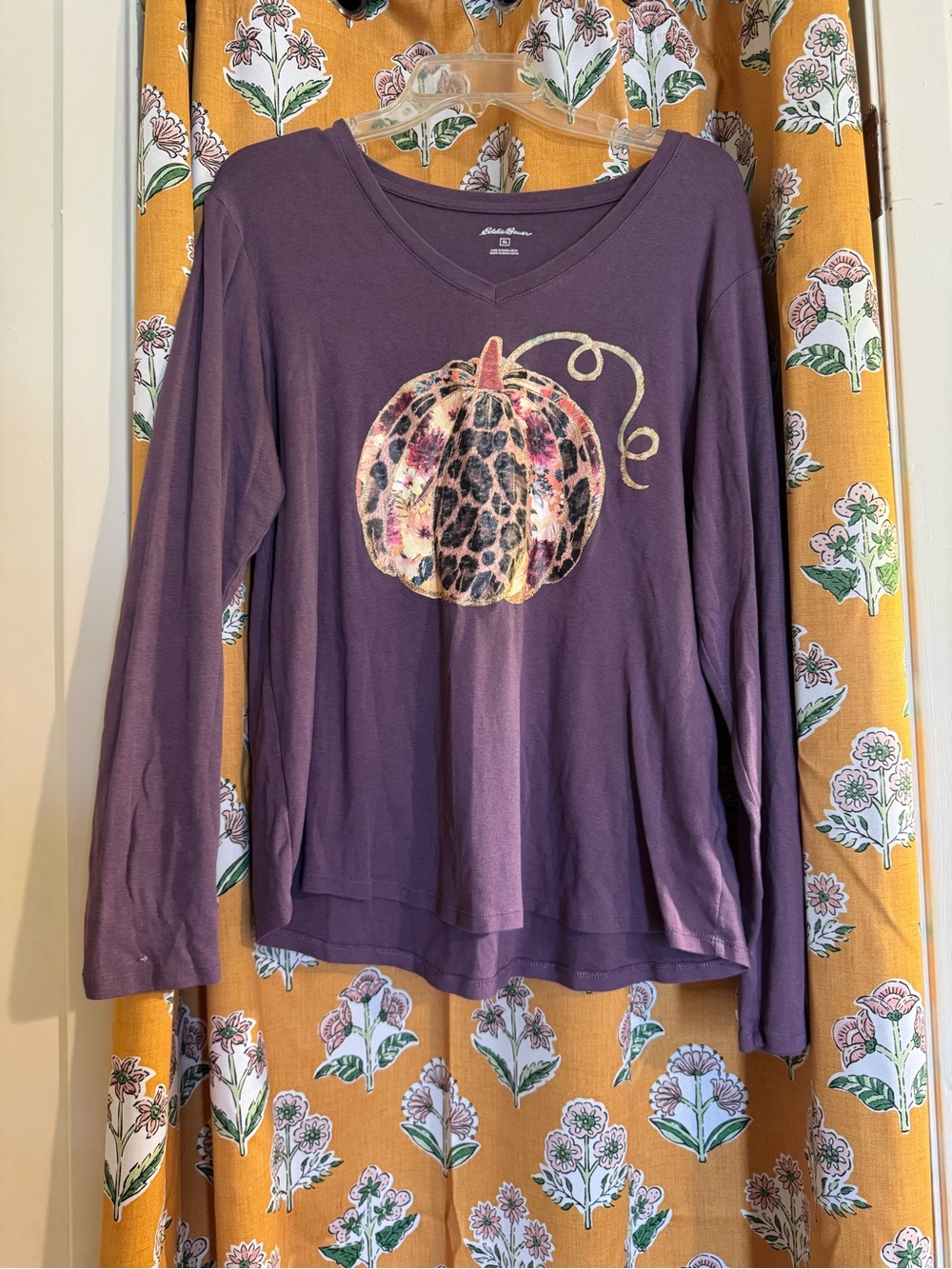 Eddie Bauer Purple Long Sleeve Tee with Leopard Pumpkin Graphic